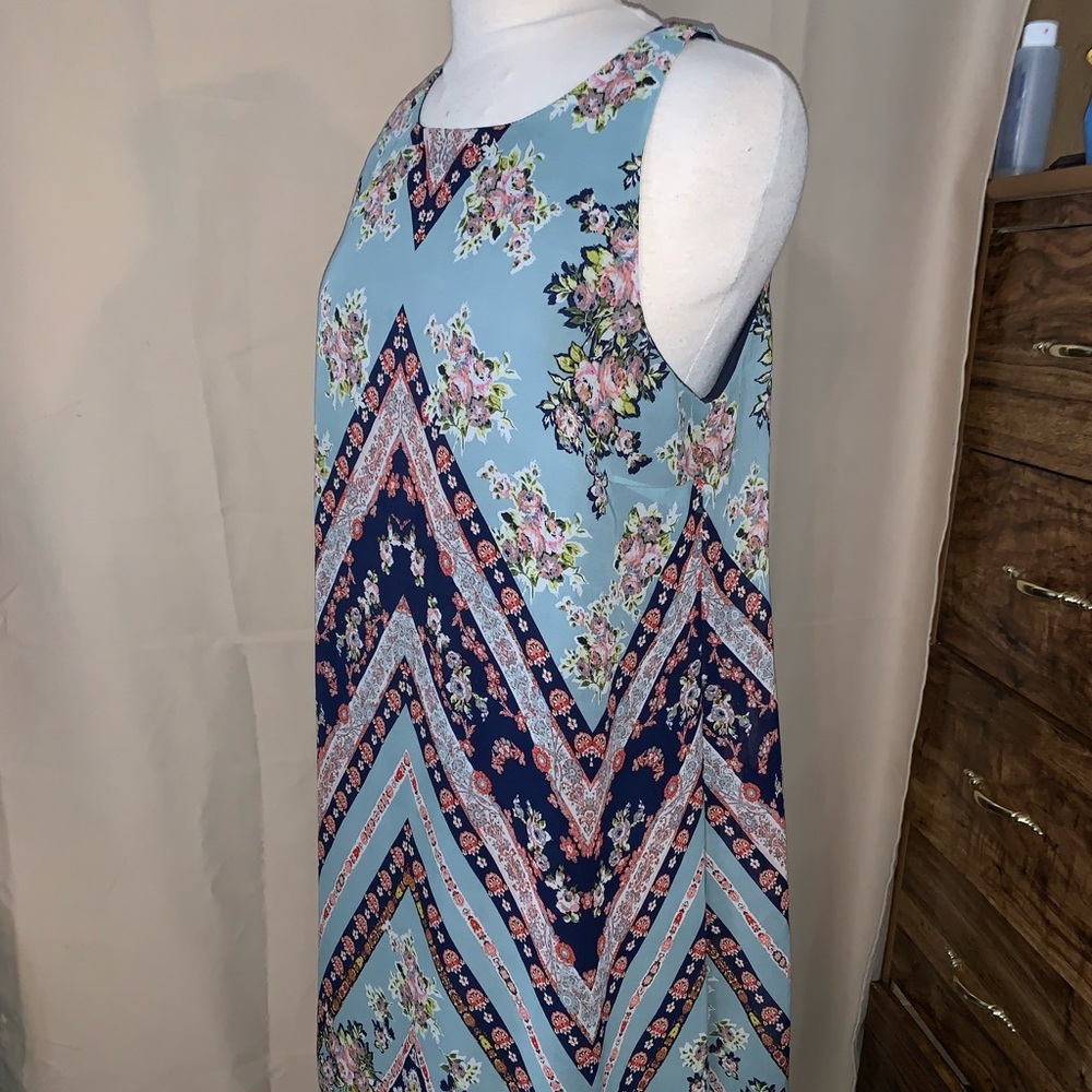 IZ Byer Floral Chevron Sleeveless Dress Size L Blue‎ Pink